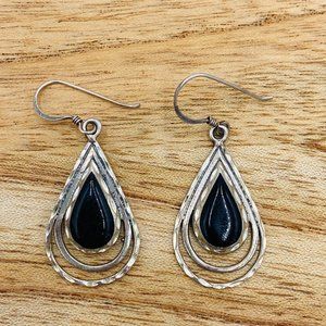 Sterling Silver and Onyx Tear Drop Shaped Dangle Earrings, Signed Sterling 925